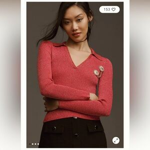 NWT Anthropologie Maeve V-Neck Lurex Polo Sweater
